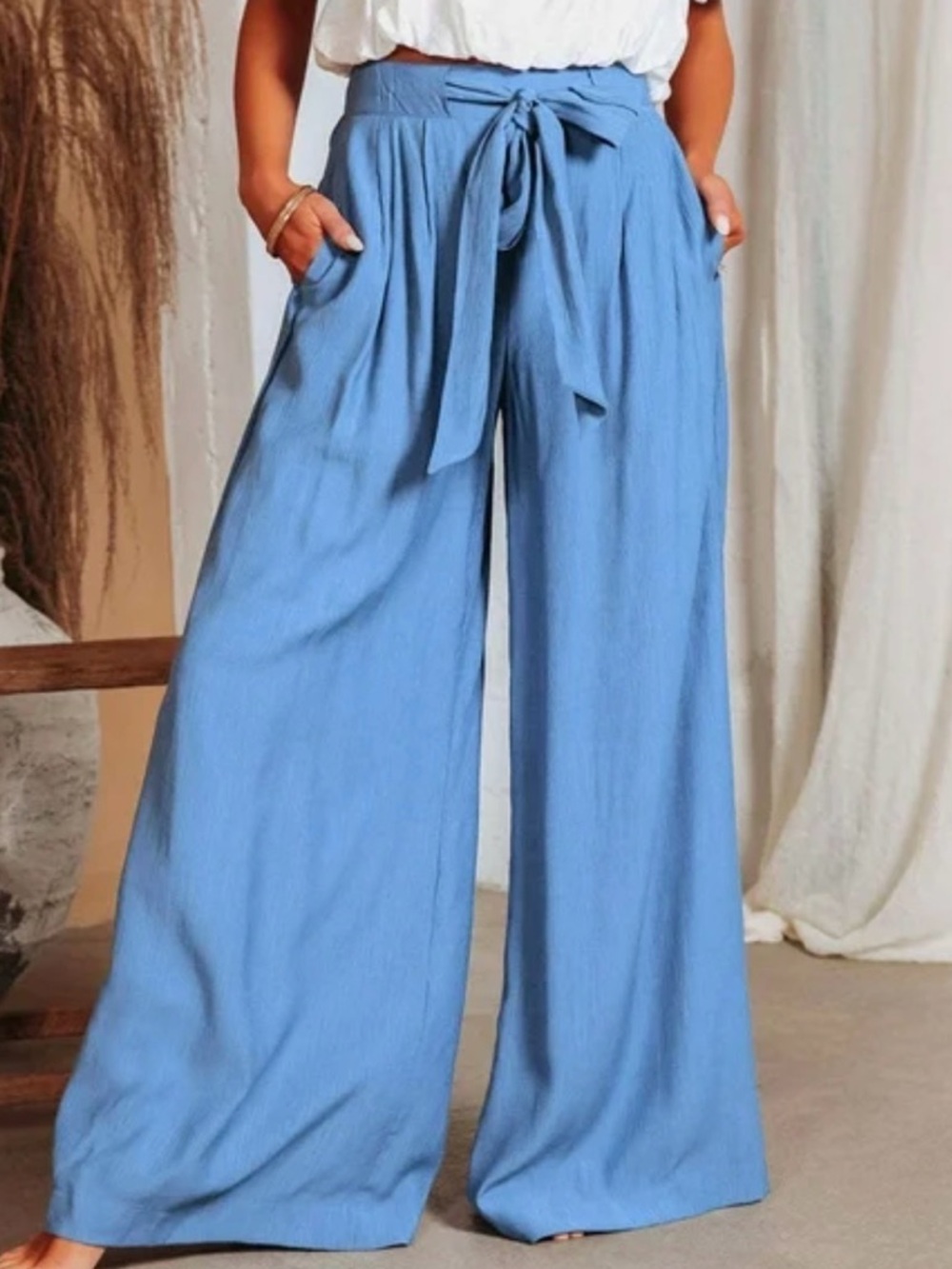 Sienna Sky Light Blue Wide-Leg Tie-Waist Pants